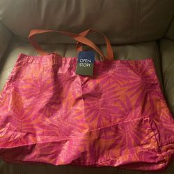 Open Story Pink and Orange Tote Bag Reversible Water Resistant NWT 19”x7”x14.5”