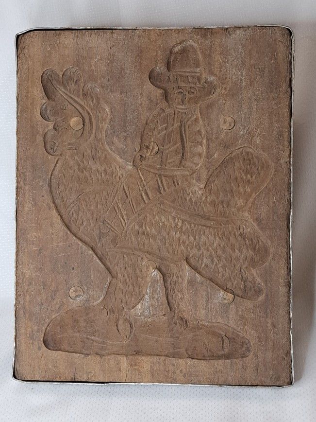 Antique Carved Wood A Man Riding Rooster Springerle Cookie Board Mold Folk Art