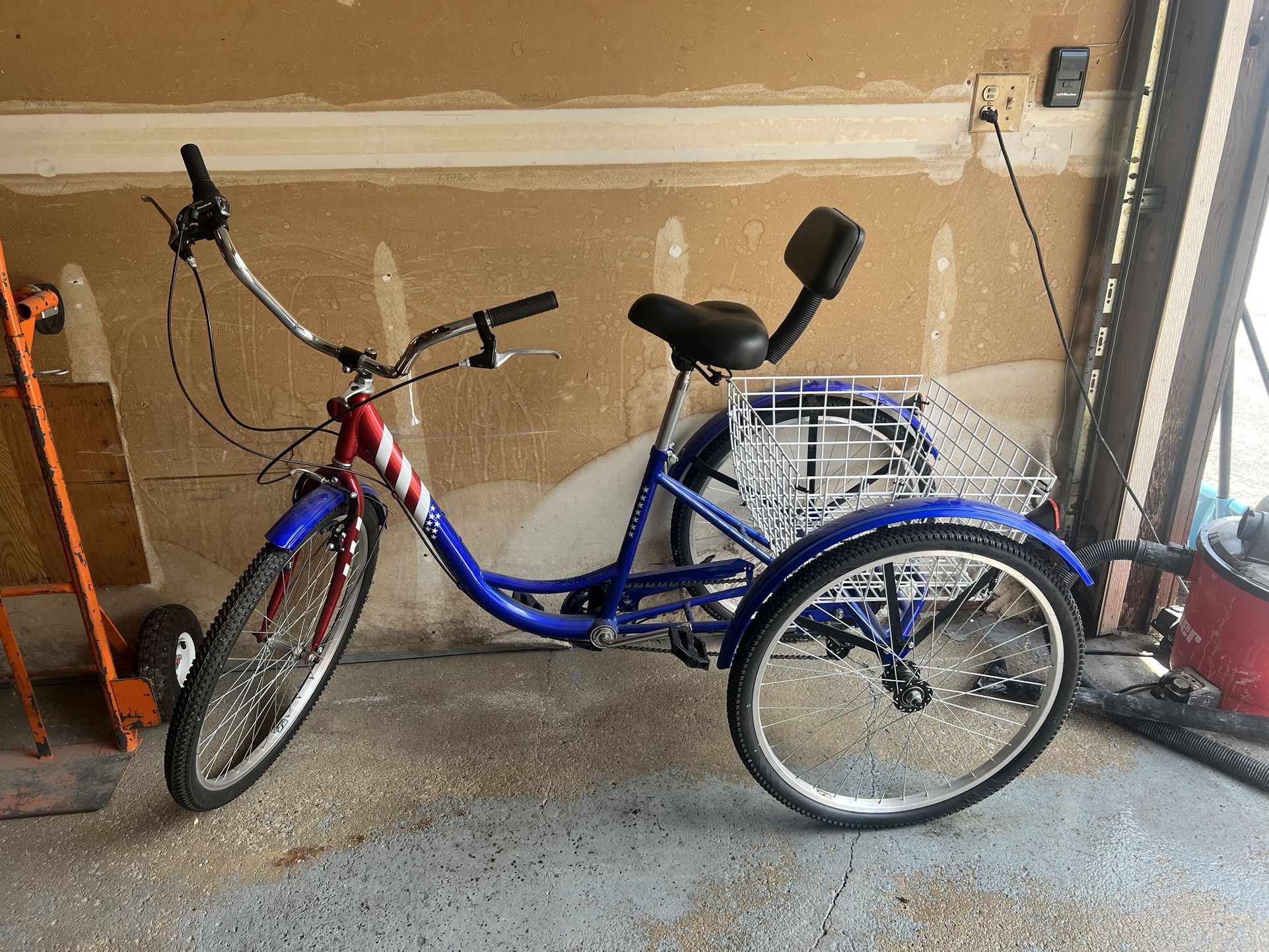Adult Tricycle with Basket – 6-Speed, Shimano Gears, Patriotic Design!