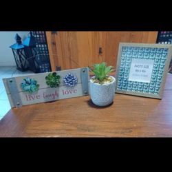 New 3pc Live Laugh Love wall Plaque, Photo frame , and Succulent in pot. Take all 3 for $10