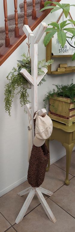 🌱6 Hooks Solid Wood Coat/Hat/Bag Rack Stand ::: 65"H X 20"W X 20"D ::: Distressed White