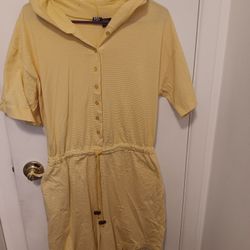 Yellow and White Striped Hooded Romper, Large.