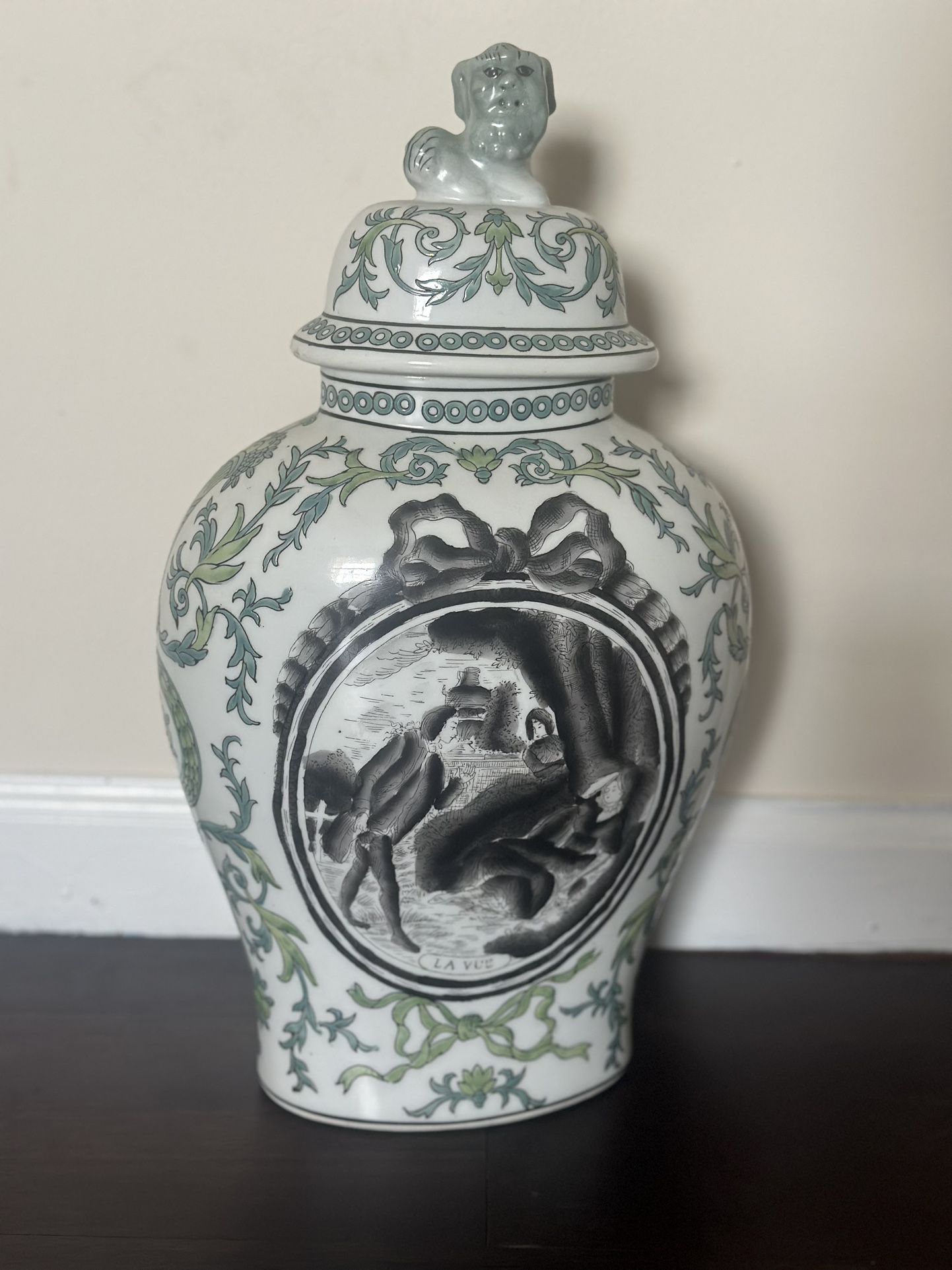 VTG Ginger Jar green & teal w/ Victorian Scene & Foo Dog On Top - Made In Macau