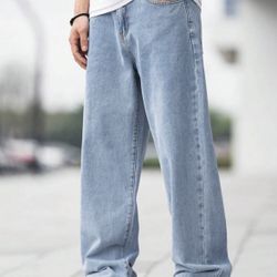 Manfinity Hypemode Loose Fit Men's Cotton Jeans With Slant Pockets Baggy Long Washed Skater Jean Cargo Plain Light Blue Going Out Y2K Fr