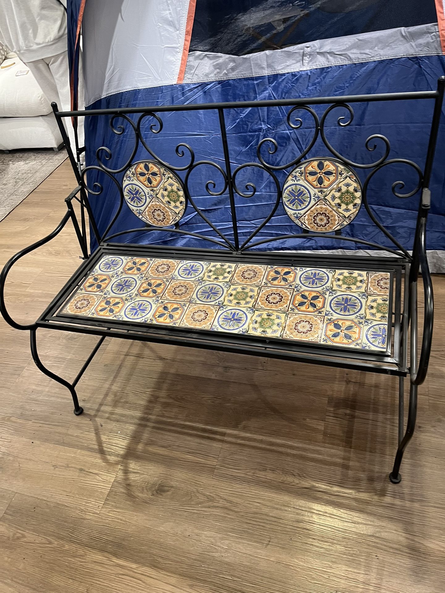 42” Long, 2 Seater, Hand Painted, Polished Ceramic Mosaic Tile, Black Metal Multicolor Outdoor Bench, Mexican, Latin American, Style, Flowers, Indoor,
