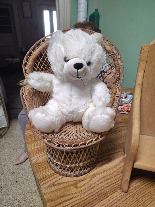 12 Inches Wicker Chair With A White Teddy Bear.