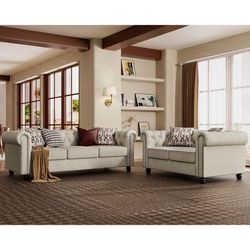 6 Seater 3pcs Linen Chesterfield Couches, Armchair Loveseat Sofa Set Tufted Couch for Living Room