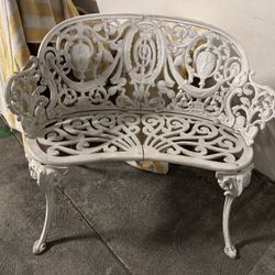 Antique French Victorian White Painted Cast Iron Cameo Garden Bench, circa 1890