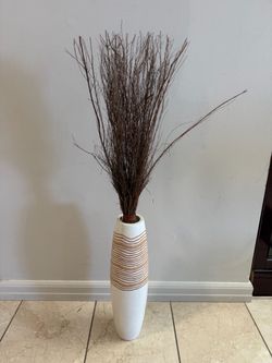 Modern Carved Ceramic Floor Vase with Decorative Twig Bundle (38")