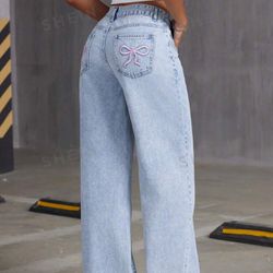 Women Embroidered Bowknot Washed Denim Jeans 