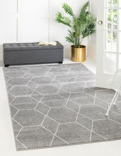 9x12 Feet Grey Ivory Trellis Geometric Modern Striped Area Rug 