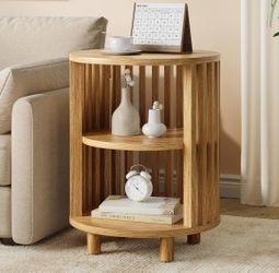 Round End Table, Wood Bedside Table, Mid Century Modern Nightstand with Open Storage Shelf, 3 Tier