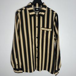 Stussy Cove Striped Long Sleeve Button Down Shirt Mens Medium Black Tan NWOT