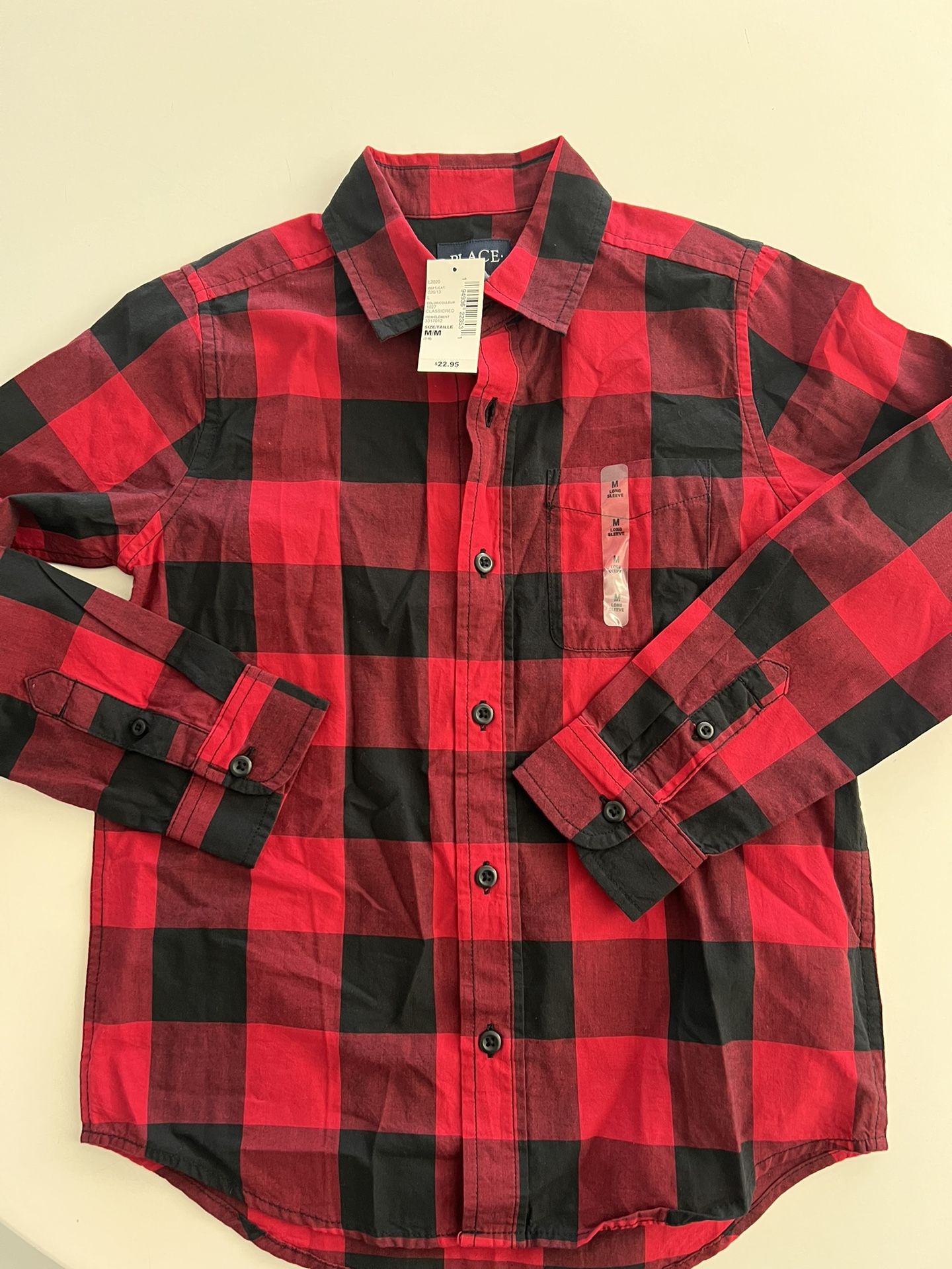 Brand New Kids Boys Red Black Buffalo Plaid Long Sleeve Button Down Shirt Size 7-8