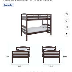 Better Homes & Gardens Leighton Solid Wood Twin-over-Twin Convertible Bunk Bed, Mocha