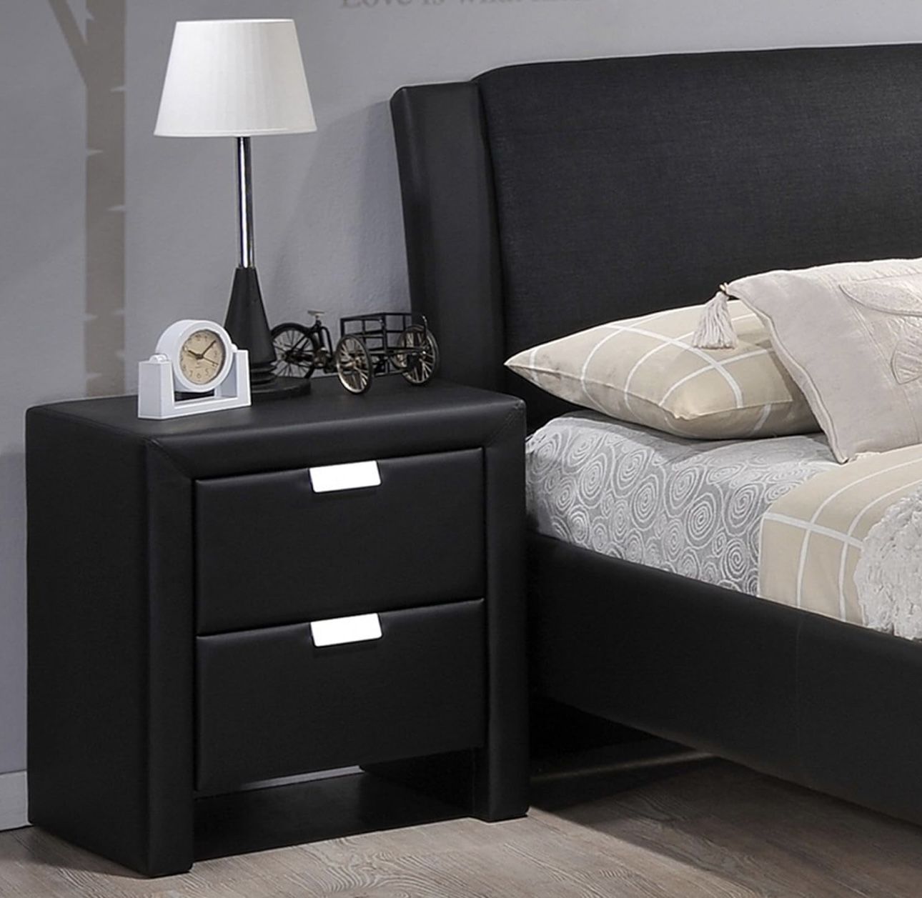 Set Of Two: Black Faux Leather Matching Nightstand Contemporary New Condition 