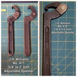VINTAGE J.H. Williams No.471 (2) AND No. 474 (1) - 3/4" TO 2" Inch x 2 **AND** 2 To 4 3/4" Inch Adjustable Spanner Wrenches LOT 