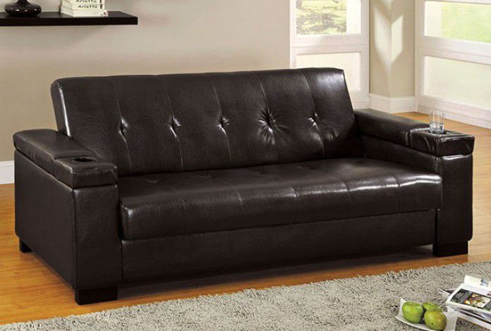 Brand New Espresso Leather Futon Sofa Storage Sleeper