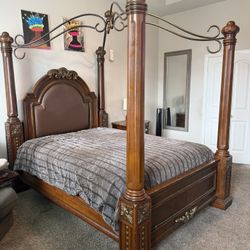 EXTREMELY HEAVY REAL WOOD & GRANITE QUEEN CANOPY SIZED BEDROOM SET