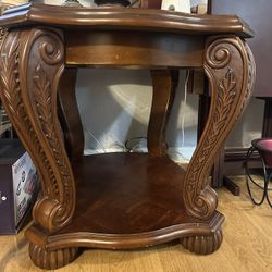 Two Cherry/walnut Wood And Glass End Tables
