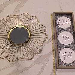 BRAND NEW 20" Diameter Gold Metal Flower Mirror & Laundry Wash Dry Fold Wall Decor 22" x 8" - Take Both For $10 Total