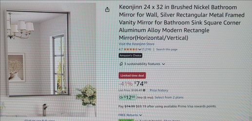 New! Brushed Nickel Vanity Mirror 24"x32"