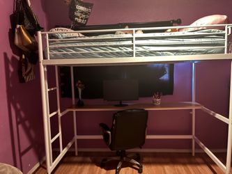 White bunk bed and desk set