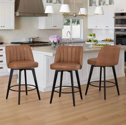 Set of 2，26" Brown/360° Swivel Leather Height Bar Stools with Backs and Metal Legs