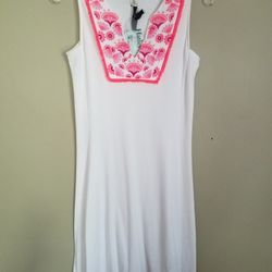 NWT Hatley Sienna Cotton Blend Sleeveless White Dress With Pink Accents XS