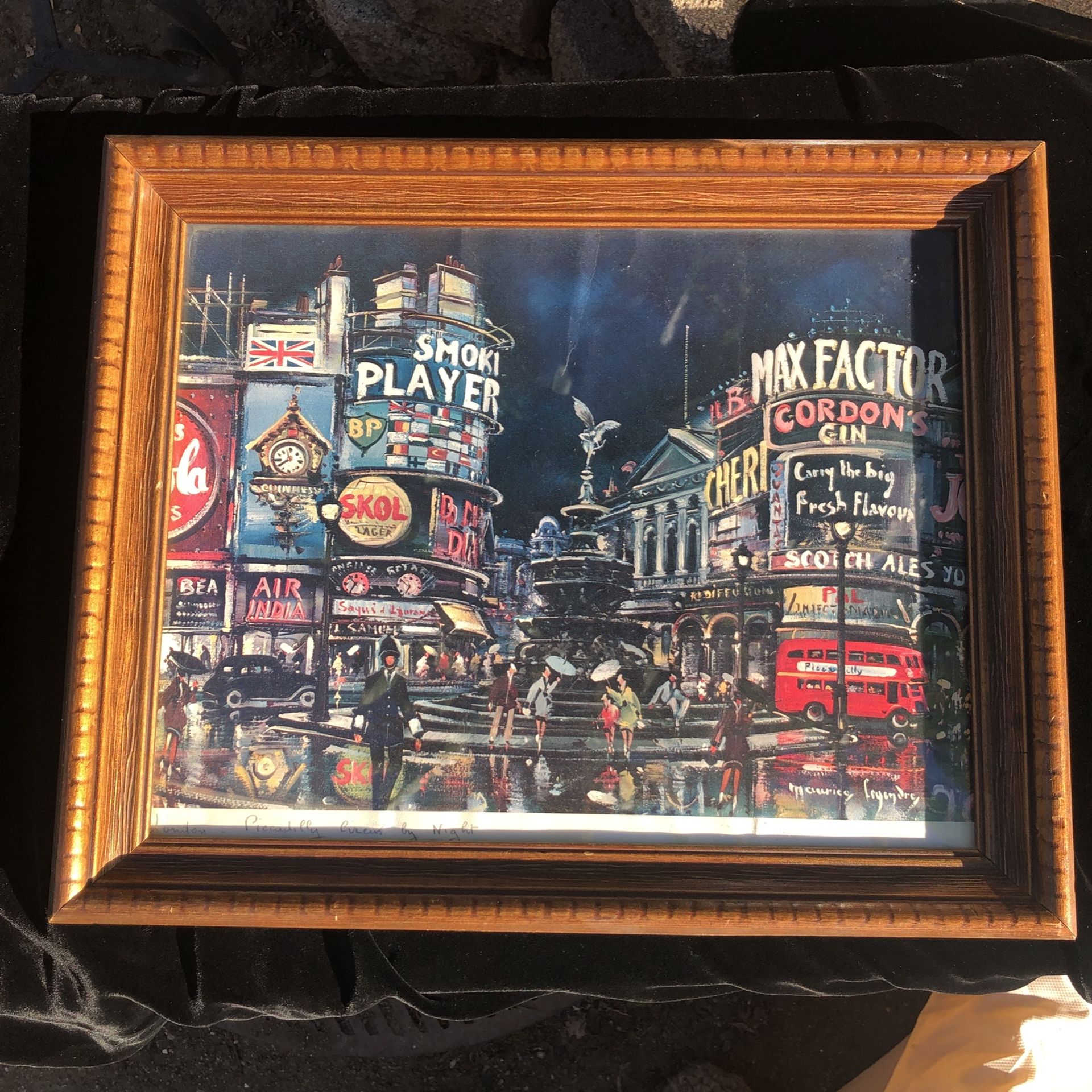 Vintage London Piccadilly Circus by Night signed Maurice Legendre Picture Frame. It Measures about 16” x 13”.