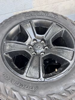 6x139.7 Or 6x5.5 Dodge Stock Wheels With Predator R/T 305/55R20 Tires With 70%thread On Tires No Scratch’s On Wheels.