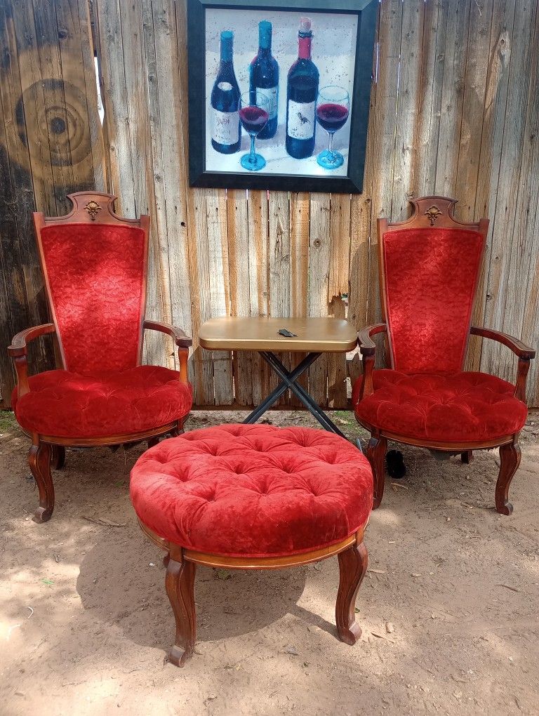 Vintage Red Velvet Chairs With Matching Ottoman