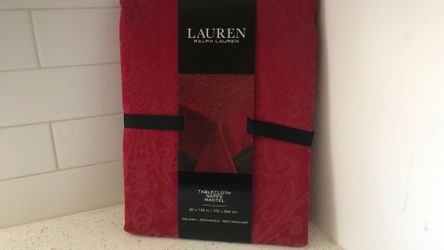 New red  Ralph Lauren  tablecloth. 60 x 104 in. / 152 x 264 cm. $15.