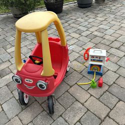 Little Tikes Cozy Coup Car for kids+vintage Fisher Price Gas Pump, oil can & gas can