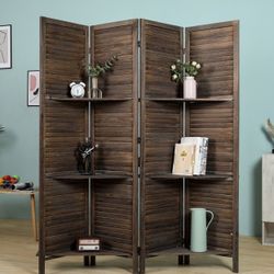 Room Dividers 4 -panel W Shutter Style And Shelves Available In Antique Brown, Black, Light Brown , Natural 