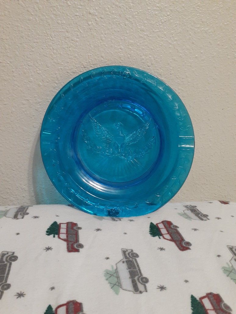 ●9 1/4 Vintage L E Smith American Eagle Blue Glass Coffee Table Cigarette Ashtray●

