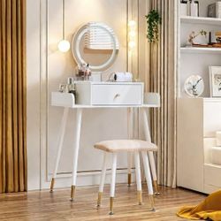 Vanity Desk, Makeup Vanity Desk with Mirror and Lights, 3 Color and Brightness Adjustable, Vanity Table with Power Outlet & Cushioned Stool