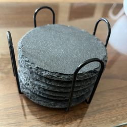 6x Black Slate Cup Coasters with Holder