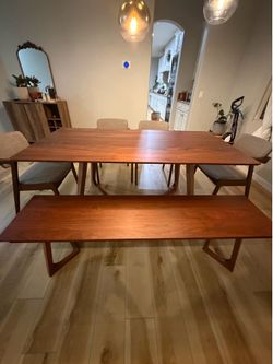 Scandinavian Designs Cress Walnut Dining Table + Matching Bench + Wayfair Chairs – Excellent Condition