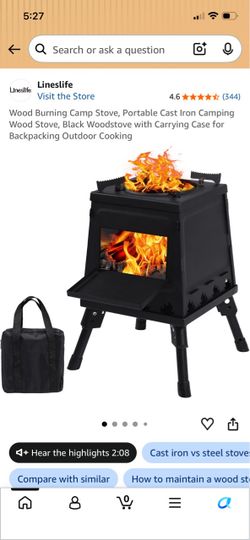 Wood Burning Camp Stove, Portable Cast Iron Camping Wood Stove, Black Woodstove with Carrying Case for Backpacking Outdoor Cooking