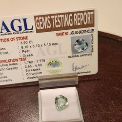 3.90ct Natural Green Sapphire | Cut Loose Gemstone. Treatment: Heating. Certification Card Included
