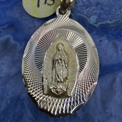 $725 Three Tone Yellow White And Rose Gold Virgin Mary And Sacred Heart Of Jesus Double Sided Religious Charm Pendant 