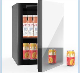 24 Can Freestanding Beverage Refrigerator, 0.9 Cu. Ft Mini Fridge with Mirror Front Door and Countertop Skincare Fridge, Small Refrigerator with Adjus