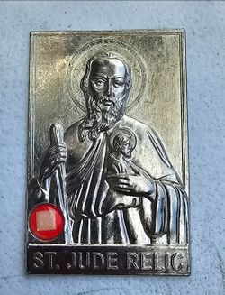 Vintage Catholic St Jude Silver Tone Religious Pressed Metal Plaque With Relic!