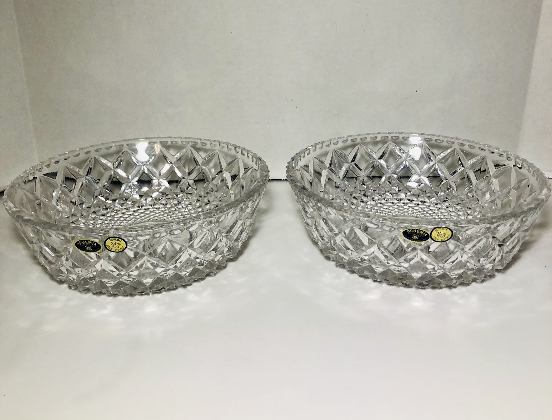 Set Of 2 Hand Cut  Czech Bohemian Glass Bowls 8" Dia over 24% Lead Pbo-Vintage