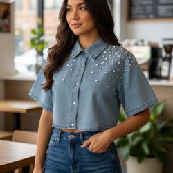 Crop Top Adornado Con Pedrería, Talla S