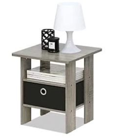 [Used] Furinno Andrey Nightstand / Side Table – Gray Oak with Storage Drawer