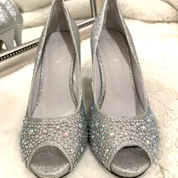 Silver Rhinestone Peep Toe Pumps