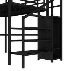 Full Size Loft Bed with L-shaped Desk and USB, Metal Loft Bed with Wardrobe and Adjustable Shelf, High Loft Bed with LED for Kids Teens Adults, Black