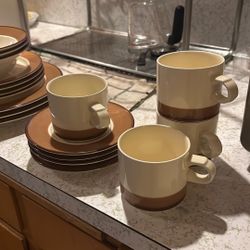 Vintage Set Of Brown Japanese Cups & Saucers 